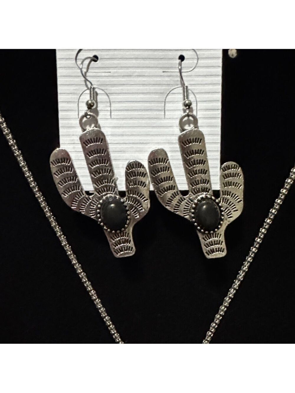 Western Black Cactus Jewelry Set Necklace Earrings Southwest Boho - Picture 3 of 6